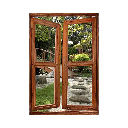 Stickers trompe l'oeil fenêtre jardin japonnais - L 60cm x H 90cm