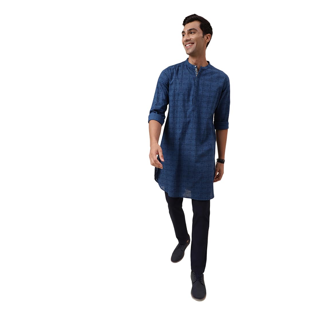 fabindia Men Cotton Dark Blue Geometric Mandarin Neck Regular Sleeves Slim Fit Kurta-picture-10