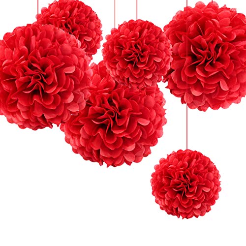 Little Snow Direct Red 6 Pieces Mixed Tissue Paper Pom Poms Flower Wedding Party Garlands Birthday Gift Wrap Nursery Home Decoration - 6 Inch And 10 Inch