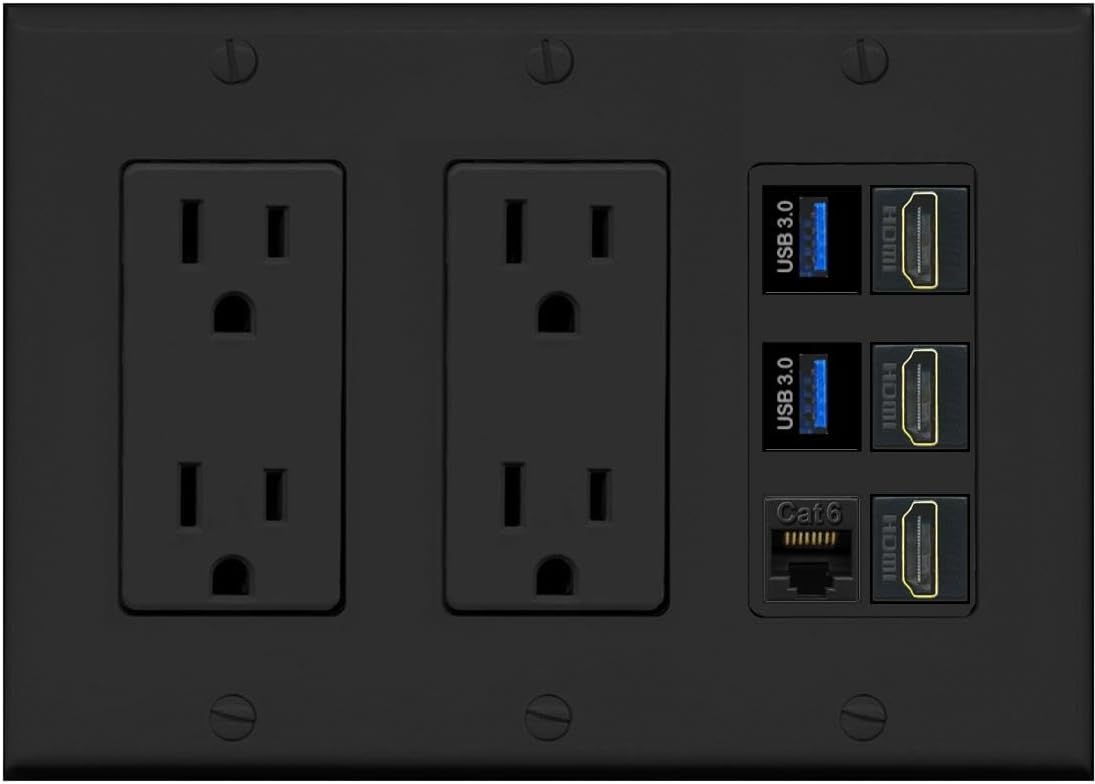 RiteAV 3 Port HDMI 2 Port USB 3.0 1 CAT6-RJ45 Wall Plate - 3 Gang 2 Outlet [Black/Black]