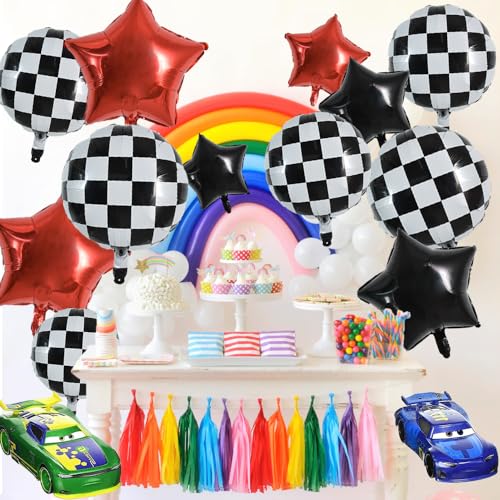 Image of TONIFUL 18Pcs Checkered Round Foil Balloons Race Car Themed Party Decor