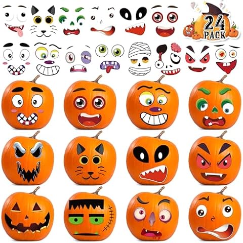 24 Pack Pumpkin Decorating Stickers Halloween Pumpkin Face Stickers Mini Make Your Own Pumpkin Face Stickers for Kids Toddlers Small Pumpkin Stickers Halloween Game Activities Gifts Party Favors Cover