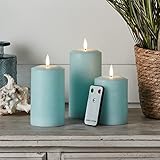 Lights4fun Set of 3 Distressed Wax TruGlow® Battery LED Flameless Pillar Candles Real Light Blue Wax with Remote Control