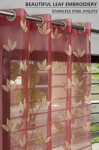 Image of IVAZA Polyester Semi-Transparent Leaf Embroidered Curtain ? Sheer Voile Panel with Eyelets ? Lightweight & Airy ? Ideal for Living Room, Bedroom, Balcony Long Door- 9 Feet (Pack of 2) Pink