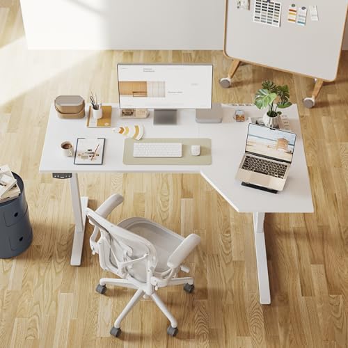 Image of Agilestic Electric Standing Desk, Height Adjustable Desk, 59 x 35 Inch Sit Stand up for Work Office Home, L Shaped Ergonomic Rising Computer Table with Memory Preset, White