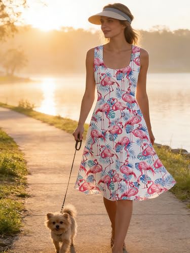 Image of uideazone Women Funny Print Sleeveless U Neck A Line Casual Midi Dress | Soft Stretchy Breathable Fabric Flared Swing Sundress Fitted Waist for Daily Wear 80 /90s Themed Party Beach Vacation Trips
