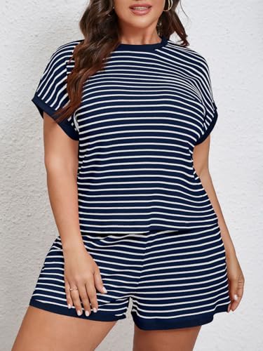 Image of Beautife Womens Plus Size Lounge Set 2 Piece Outfits Stripe Short Sleeve Shirts Tops Shorts Summer Casual Loungewear