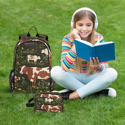 Kids Backpacks Set Cow Grass Bull Animal Boys Girls Backpack with Lunch Bag Toddler Bookbag 7