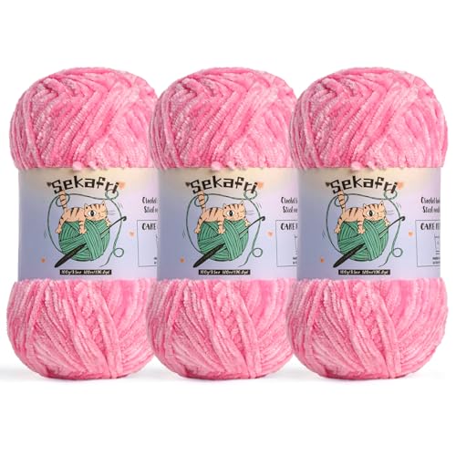 Image of 3 Pack of 300g (590yds) Fuzzy Chenille Yarn for Crocheting,Fluffy Amigurumi Crochet Yarn for DIY Craft /Hat /Clothes, Soft Velvet Baby Blanket Yarn(3 Rose)