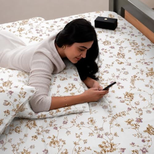Image of Jaipur Weaves Cotton Linen Feel King Size Bedsheet 108x108 Super King, 100% Pure Cotton Bed Sheet with 2 Pillow Covers, 300 TC Soft Breathable Floral Design Bedding -(Vintage Mustard, Super King)
