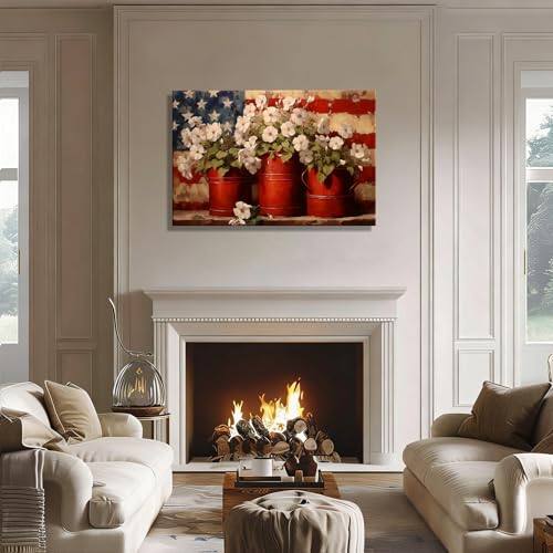 Image of Rustic 4th of July Patriotic Flower Pots Canvas Wall Art - Large Framed US Flag Poster Painting, Independence Day Wall Decor for Living Room Bedroom or Holiday Celebrations