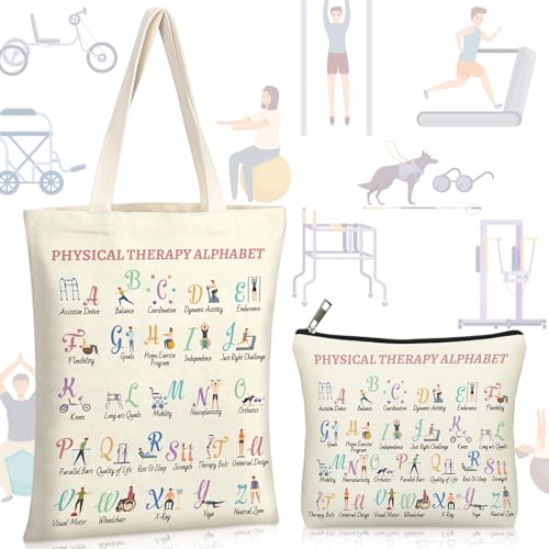 2 Pcs Physical Therapy Gifts Occupational Therapy Gifts Thank You Retirement Presents for Women Teens Coworker Friend Tote Bag Makeup Bag for PT PTA OT World PT Day