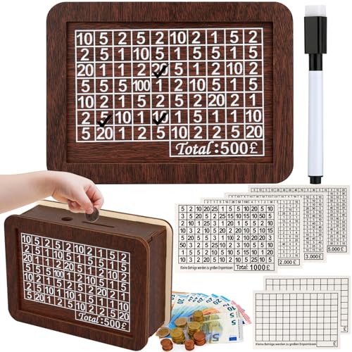 Wooden Money Saving Box, Wooden Cash Saving Box with Counter, Reusable Cash Vault Wood Savings Box with 6 Target Stickers and Erasable Pen, Saving Challenge Box, Birthday Gift