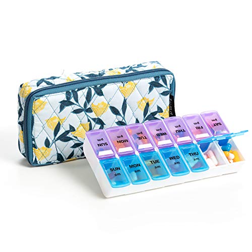 Image of Weekly Pill Organizer 2 Times a Day,7 Day am pm Pill Organizer, Large Daily Pill Cases Pill Box Vitamin Organizer Box,Yellow Floral