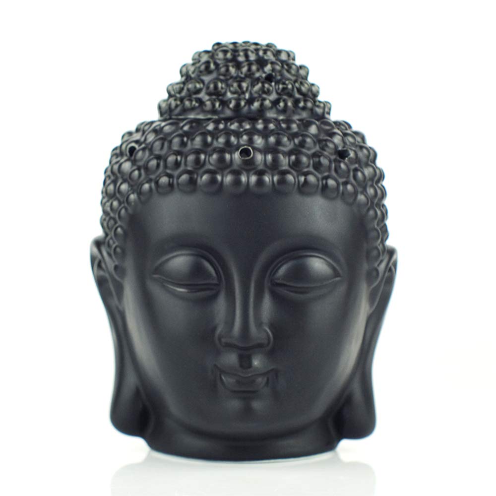 Ruilasago Black Buddha Head Candle Oil Burner, Ceramic Translucent Statue Hollow Essential Oil Burner Aromatherapy Diffuser Furnace Tealight Candle Holders For Yoga Meditation Room Home Decor (Black)