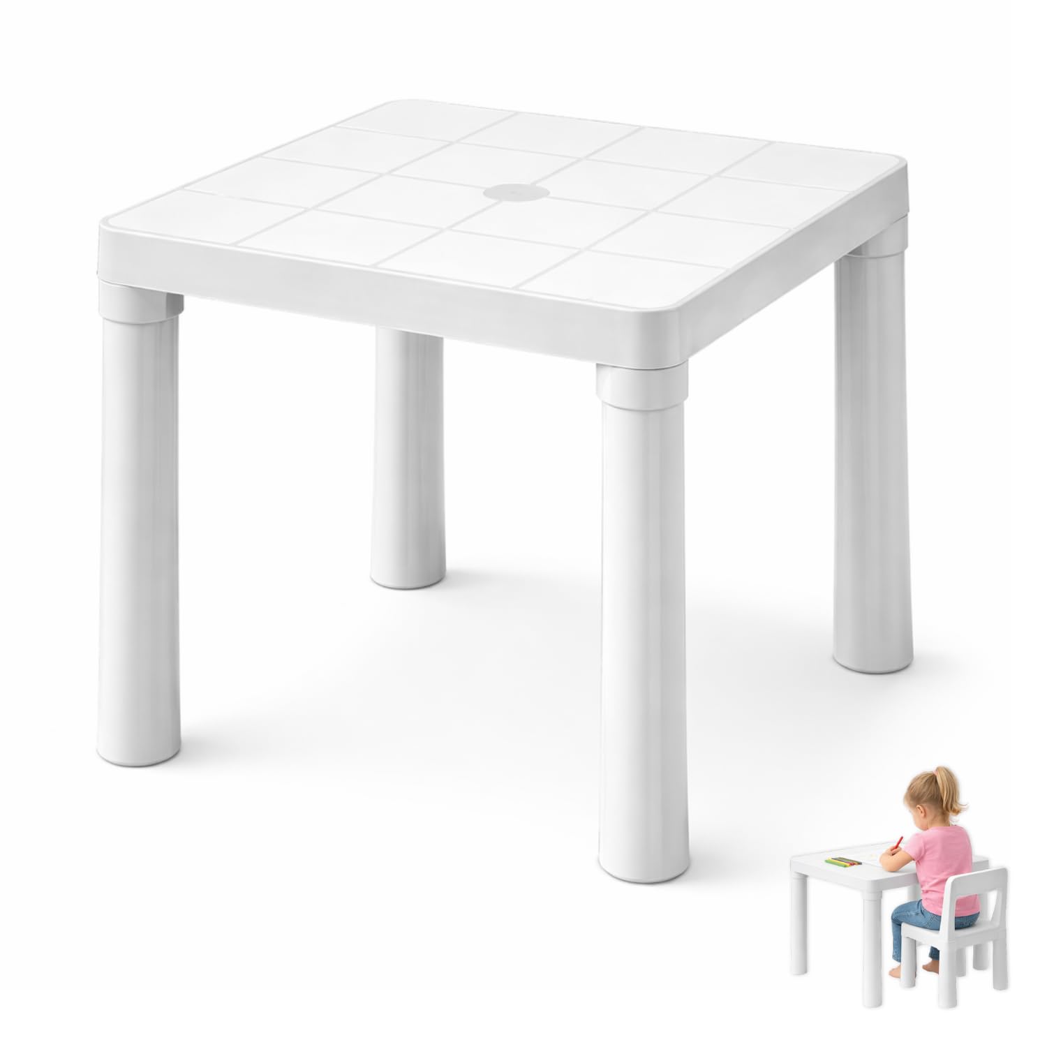 PALUPLUS Tavolino Quadrato Bianco in Plastica Rigida, Misura 50x50x47,5 cm, Tavolo da Gioco Basso, Gambe Removibili, Tavolino da Campeggio, Terrazzo, per Esterno ed Interno -9948C