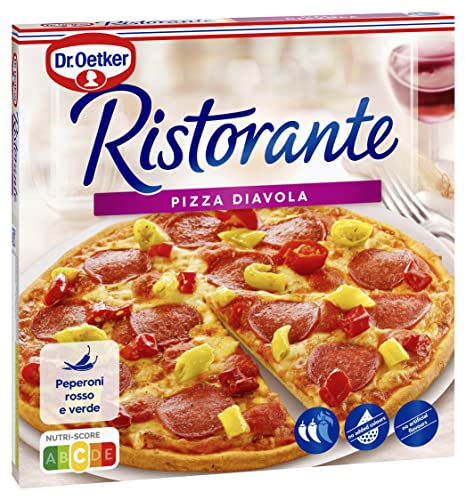 DR. OETKER Ristorante Pizza Diavola, Pizza con Masa Fina y Crujiente y Abundante Topping, Pizza Diavola, Pepperoni y Salami, con Toque Picante - 350g