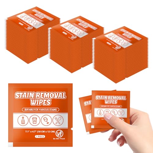 Image of Stain Remover Wet Wipes Bulk, Individual Wrapped Clothes Portable Travel Messy Eater Cleaning Laundry Stain Removal Wipes Pocket Size for Clothing Fabric /Shoes /Wine /Fast Food 7.1 x 4.7 Inch(Orange 50)