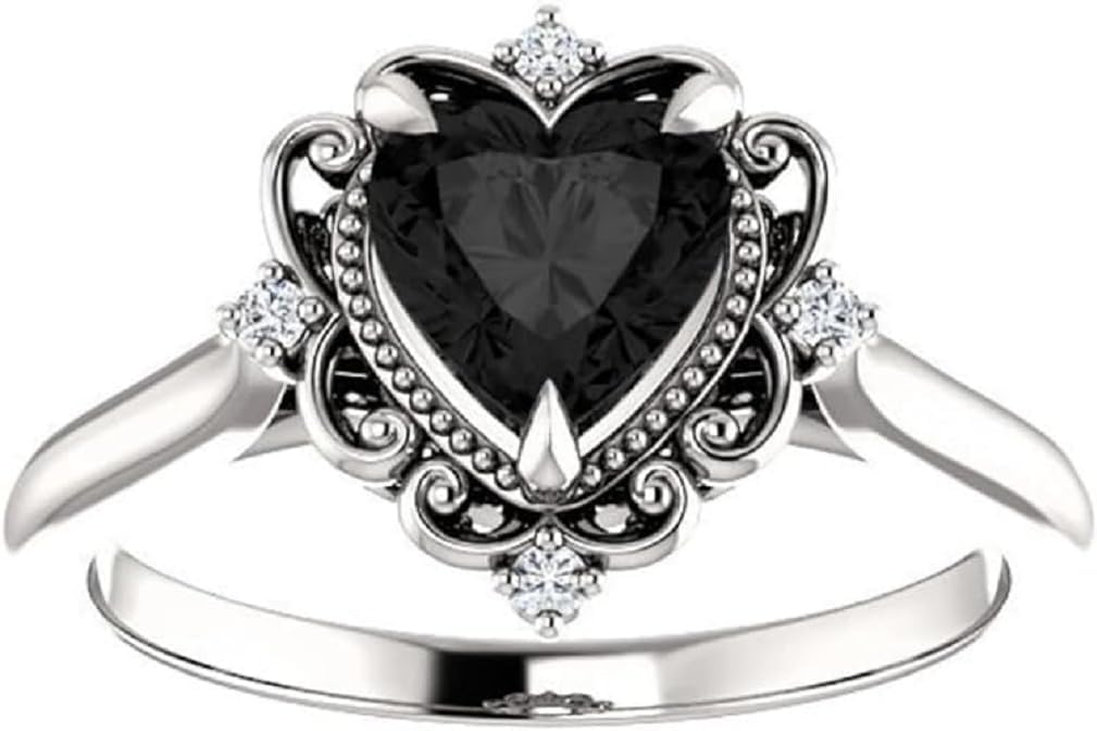 1 CT Heart Cut Black Diamond Engagement Ring for Women | Filigree Vintage Halo Antique Wedding Ring Set | Handmade Moissanite/Onyx Jewelry | Silver/Gold Anniversary Ring for Her/Gifts
