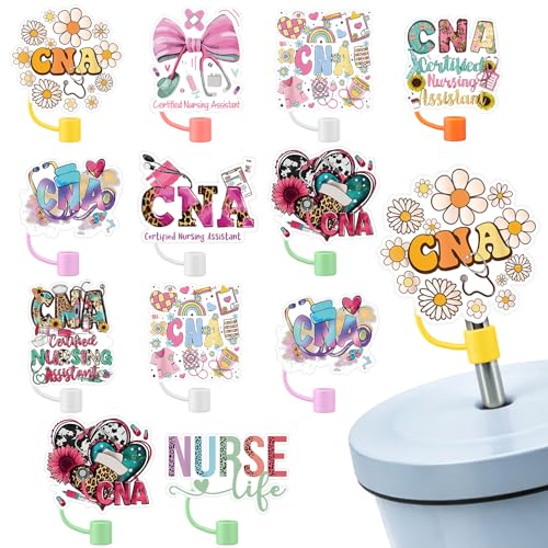 Ferrochef 12 Pcs Christmas CNA Gifts Certified Nursing Assistant Acrylic Silicone Straw Toppers for CNA Nurse Appreciation Party Certified Straw Cover Cap Doctors Nurses Xmas Party Gifts