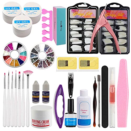 23 in 1 Combo Set Professional DIY Nail Art Decorations Kit Brush Buffer Cuticle Revitalizer Oil Pen Tools Natural White Nail Tips Rhinestones Pearls Cutter Sanding Files Forms Glue UV Gel Set 26