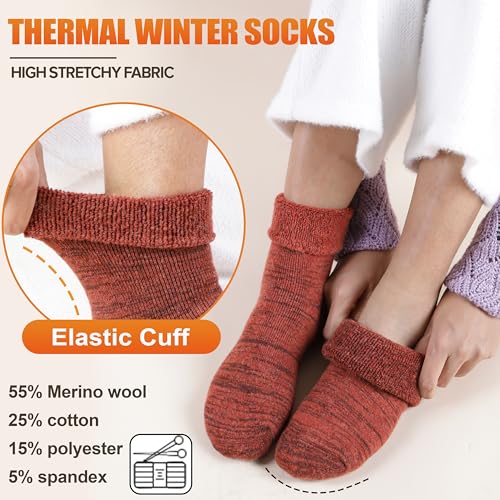 Image of EBMORE 5 Pairs Women Merino Wool Boot Socks Warm Thermal Winter Thick Hiking Cozy Cabin Crew Comfy Socks for Ladies