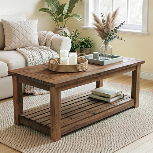 Image of LITTLE TREE Solid Wood Coffee Table, 47-Inch Living Room Center Table with Shelf, 2-Tier, Easy Assembly, 23.6 inch D x 47.2 inch W, Rustic Brown