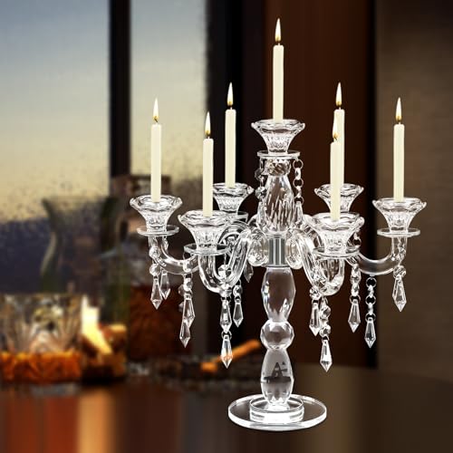 Crystal Candle Holder, Crystall Candelabra, 7 Arm Modern Clear Candle Holder Centerpiece, Crystal...