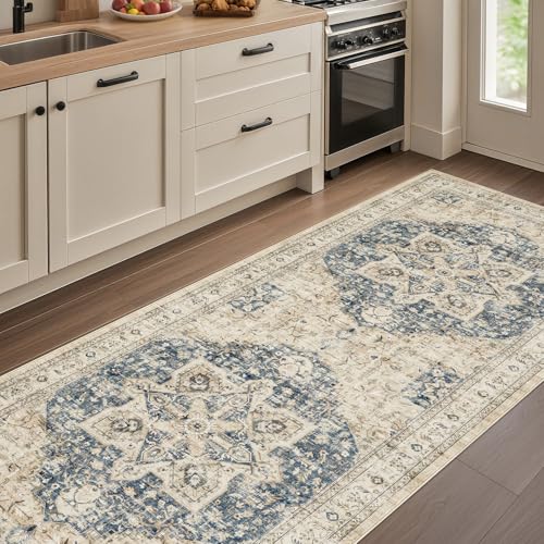 Tortania Area Rug 2x6 Runner Rugs - Washable Vintage Oriental Farmhouse Thin Indoor Carpet for Living Room Bedroom Hallway Entryway Kitchen Under Dining Table Home Office - Cream/Blue