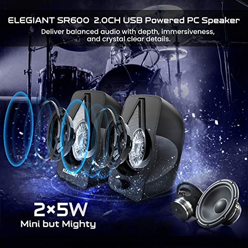 Computer Speakers ELEGIANT PC Speakers with 3 Light Modes, USB Powered Stereo Speakers, with 3.5mm AUX and Volume Control, Compatible with Gaming Desktop, PC Cellphone Tablets Desktop Laptop
