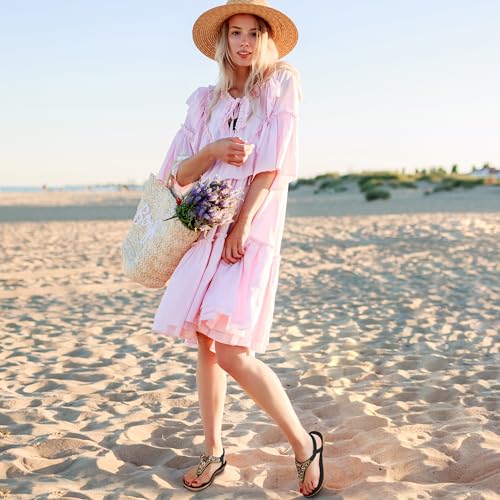 Ecetana Womens Sandals Dressy Flat with Bohemian Beaded Comfortable Casual Summer Slip On Ankle Elastic Thong Shoes2