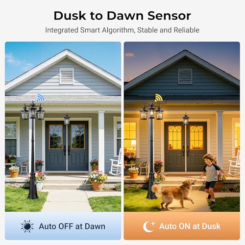 Image of Dusk to Dawn Outdoor Lamp Post Light with Outlet, Black 3-Head | Photocell Sensor, Extra Waterproof Outlet, Hardwired 120V AC, 100% Aluminum Street Light, For Patio, Yard, Walkway, Garage