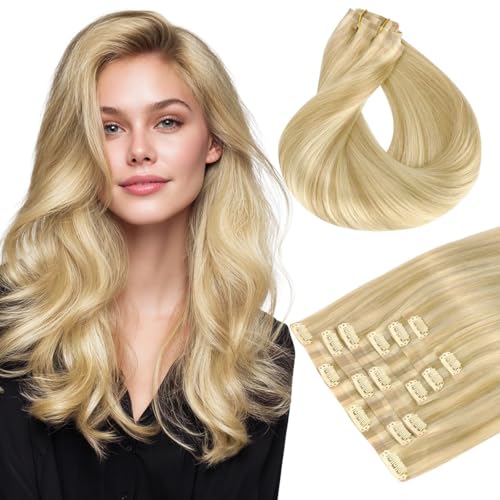HOTBANANA Seamless Clip in Hair Extensions, 20 Inch 140g 7pcs Light Blonde Highlighted Golden Blonde Invisible PU Skin Weft Straight Remy Human Hair Extensions