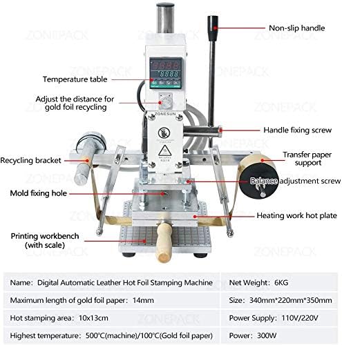ZONEPACK Digital Semi Automatic Leather Hot Foil Stamping Machine Heat Press Machine Manual Embossing Tool Creasing Wood Paper PVC Card Printer DIY Hot Press Machine