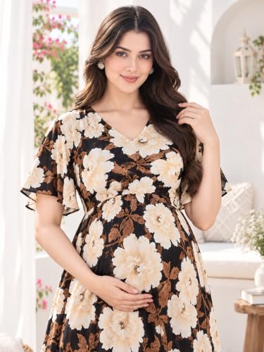 Image of CLOUD SOFT Women's Rayon Cotton Floral Printed Maternity Feeding Gown | Full-Length Nursing Nighty with Zipper | Pre & Post Pregnancy Dress (CS11004-5 MT All)
