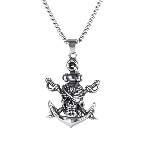Pirate Necklace Skull Necklace for Men Stainless Steel Necklace Skull Jewelry for Men Gothic Necklaces Pirate Skeleton Halloween Gifts for Man Boys Headphone (Silver) (GX1828)