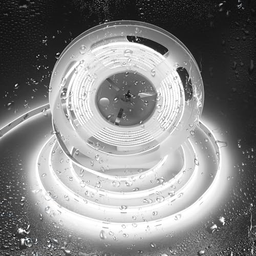 SIRYYUI COB Waterproof LED Strip Light IP65 5M,6000K Cool White,480LEDs/M High Density 24V Dotless Tape Light,CRI90+,Self-Adhesive Strip Lights Perfectly Bathroom,Kitchens Decor (No Power Supply)