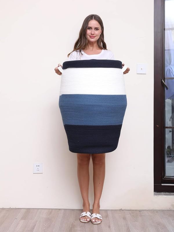 Image of Storage Cotton Rope Basket and Laundry Hamper for Dirty Clothes, Towels, Blankets, Pillows Storage in Living Room, Laundry Room and Bedroom (Tiranga With Lid, 14x18 Inch)