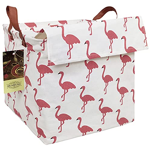 HUNRUNG Storage Boxes with Lids Rectangle Square Storage Bins,Storage Basket Cute Canvas Organizer Bin for Pet Children Toys, Books, Clothes Perfect for Rooms(Square-Pink Flamingos-with lid)