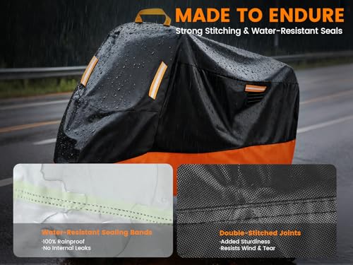 Image of Motorcycle Cover Waterproof Outdoor,420D Heavy Duty, Rain & UV Resistant,Motorcycle Covers with Storage Bag & Buckles, All Seasons Protection Powersports Vehicle Cover Fits up to 104.3 inch (3XL)