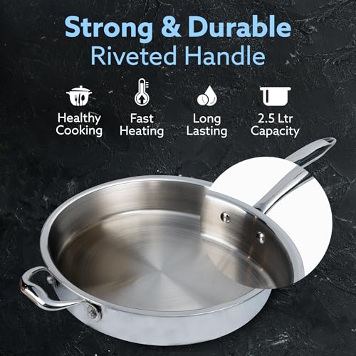Image of AGARO Regency Triply Saute Pan 2.5L with Lid, 26 cm, Rivetted & Stay Cool Handle, Fast Heat Absorb & Retain, Food Safe, Durable, Curry, Stir-Fry, Deep Fry, Saute, Non Toxic, 5 Year Warranty, 2.5 mm