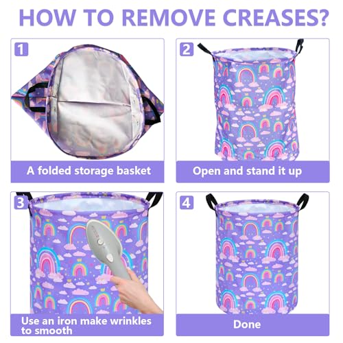 Image of Collapsible Kids Laundry Basket Clothes Hamper, Foldable Storage Organizer Bin, Toy Clothes Storage with Handles for Boys Girls Bedroom, Room Decor Purple Rainbown