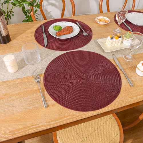 Image of SHACOS Round Placemats Set of 4 for Dining Table 15 inch Round Braided Place Mats Washable Non Slip Kitchen Table Mats, Burgundy