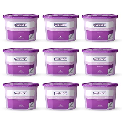 Image of freshcant Compact Moisture Absorber Refresh Every Place, Dehumidifier for Wardrobe /Closets, Storage Compartment, Kitchen Cabinets, Cupboard, Almirah, Shoe Rack, Bathroom Uses, Weight: 400 ml (Lavender, Pack of 9)