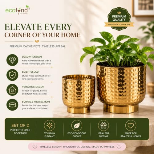 Image of ecofynd 2 Pack Metal Plant Pots (7 inch, 5.5 inch), Indoor Small Planter Flower Pots, Home Garden Decor Planter for Living Room Bedroom Interior (Gold Finish, POT054)
