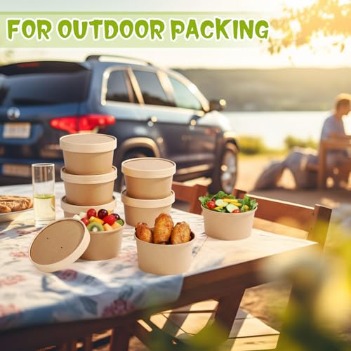 Image of Fulmoon 15 oz 100 Pack Paper Containers with Lids Soup Bowl Cup, Brown | Disposable Ice Cream Cup, Kraft Food Containers with Vented Lid Stackable for Hot Soup Dessert Cake Fruit Microwave Takeout