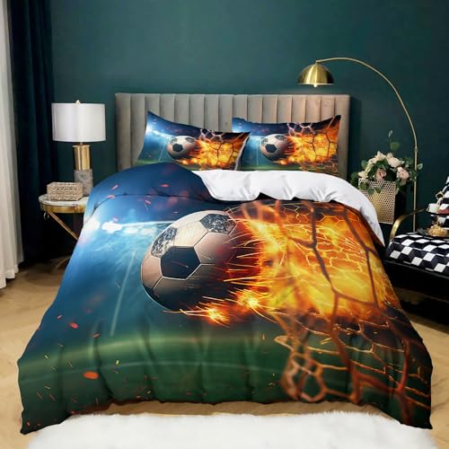 Estilo De IlustracióN Funda Nordica Cama 90 de 3 Piezas fútbol Deporte Quema Juego de Funda Nordica 150x200 cm y 2 x Fundas de Almohada de 50x75 para Ropa de Cama Infantil Niño Chico Niña