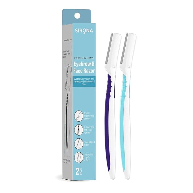 Sirona Reusable Blink & Glow Face Razor for Women – 2 Razors | Painless Facial Hair Removal | Eyebrow Shaper | For Eyebrows, Upper Lip, Forehead, Peach Fuzz, Chin and Sideburns | Dermaplaning Tool at Rs. 159