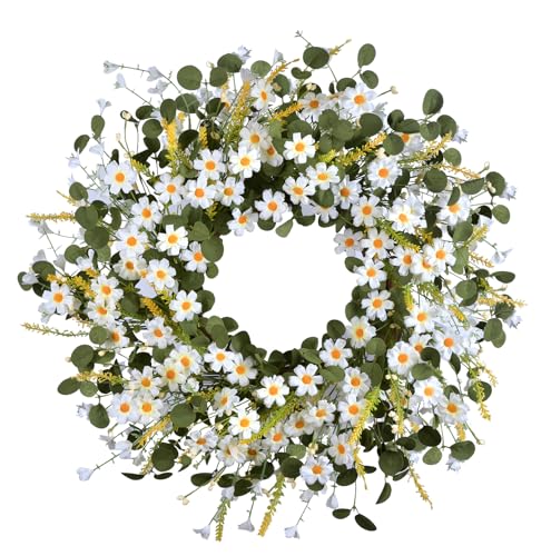 GRBAMBI 24 Inch Artificial Daisy Flower Spring Wreath with Eucalyptus Green Leaves Farmhouse Wreath for Front Door Wall Home Party Decoration(White)