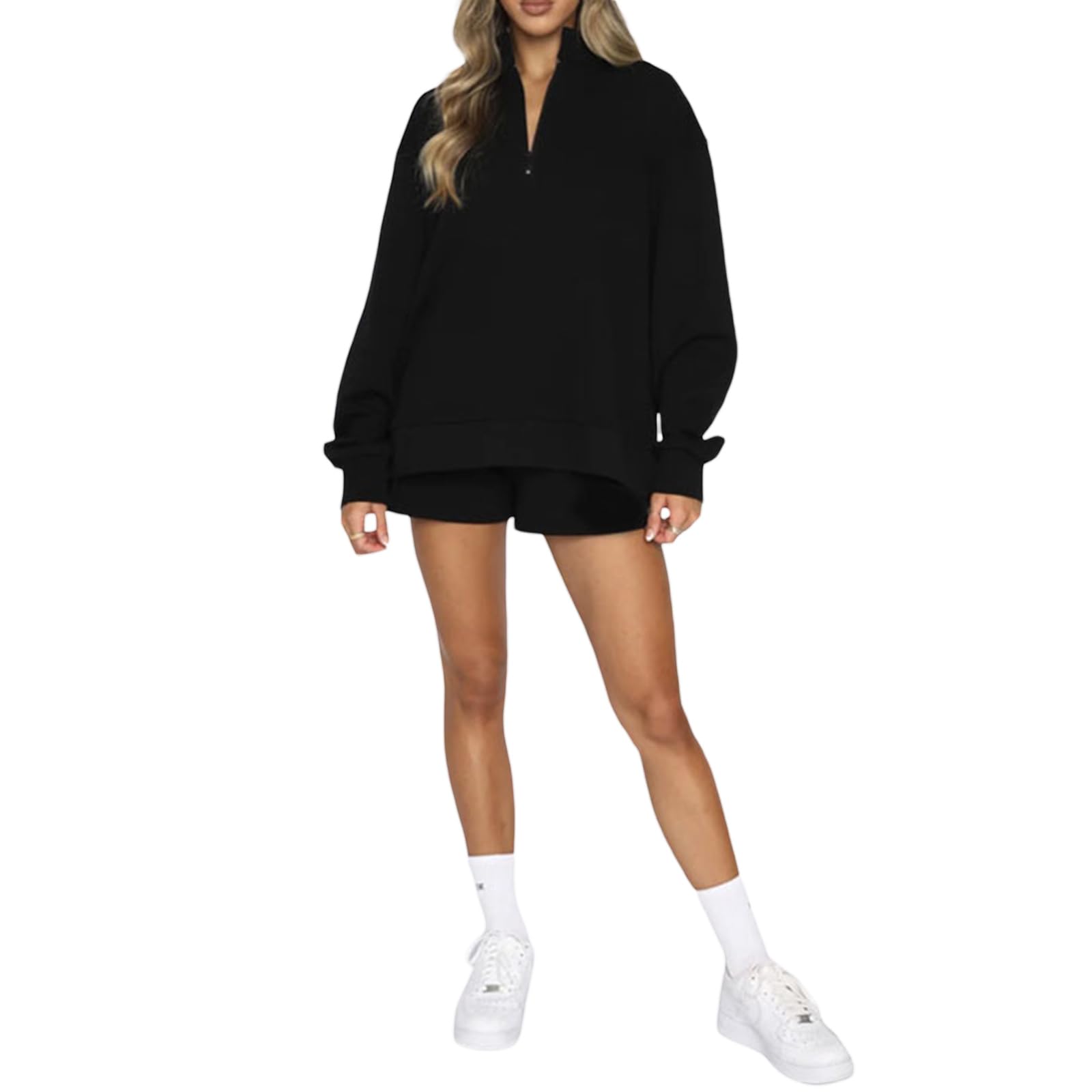 Women 2 Piece Outfits Sweatsuit Oversized Half Zip Collared Sweatshirt & Short Set Lounge Wear Tracksuit Set